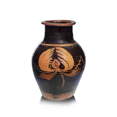 David Leach, Large vase, Stoneware, rich tenmoku glaze with brushed iron design
