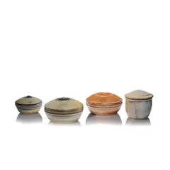 Richard Batterham, Small lidded jar and three small lidded pots, Stoneware, cream, blue, ash green and orange salt glazes