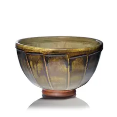 Richard Batterham, Large cut bowl, Stoneware, running dark green over iron glazes with cut-sided exterior, pale green ash glaze with iron speckle and banding to the interior