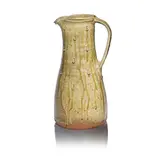Jim Malone, Tall jug, Stoneware, mottled green ash and running olive glazes with carved decoration