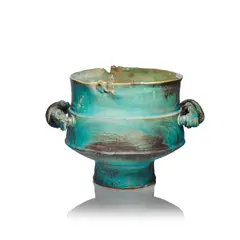 Footed vessel by Colin Pearson, Stoneware, turquoise, dark grey and cream softly pitted glazes with lustrous sheen, offered Dec 2024
