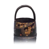 John Maltby, Vessel with handle, circa 1990, Stoneware, brushed ochre, orange, and brown glazes in abstract designs over a textured black ground
