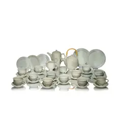 Tea and coffee service for twelve by David Leach, circa 1990, Porcelain, pale celadon glaze with fluted decoration, cane, offered Dec 2024