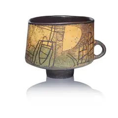 Large cup form by John Maltby, circa 1990, Stoneware, brushed ochre, yellow, and green glazes over a textured dark brown body, sold Dec 2024