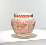 Christopher Dresser, for Old Hall Earthenware, circa 1885, Glazed earthenware, transfer decorated with foliate motifs in orange against a white ground