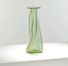 Christopher Dresser, for Loetz, circa 1896, Matte green and clear glass, the twisted tapering body rising to a triangular rim with pinched edges
