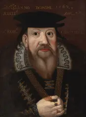 English School, Portrait of Sir Robert Chester, half-length, wearing a black cap, oil on canvas