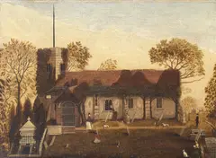 English School, Churchyard with figures and dogs, oil on canvas