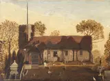 English School, Churchyard with figures and dogs, oil on canvas