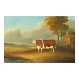 English School, Cow by a barn in a rural landscape with pond, oil on canvas