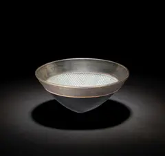 Anna Dickinson, Bowl 1991, Handblown glass blank by Neil Wilkin, the rim banded with copper, the well with etched geometric decoration