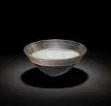 Anna Dickinson, Bowl 1991, Handblown glass blank by Neil Wilkin, the rim banded with copper, the well with etched geometric decoration