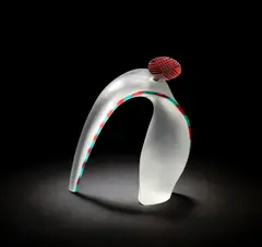 David Taylor, Scent bottle, 1991, Freeblown and sandblasted glass, of twisted an tapering form, the edge with an applied band in turquoise and red