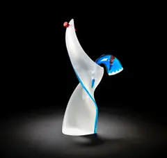 David Taylor, Scent bottle, 1992, Freeblown and sandblasted glass, of twisted an tapering form, the edge with an applied band of blue