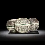 Peter Hayes, Boulders with blue wave, 2001, Raku-fired clay, heavily textured surface, copper and red inlay and patches with an opaque blue band running through each boulder