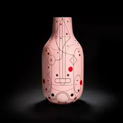 for Bosa by Jaime Hayón, Ceramic, pink glaze with printed black, red and brown geometric design, sold May 2025