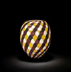 Bottega Vignoli, 'Palmette', vase, 2024, Glazed earthenware, of ovoid form, the ribbed exterior decorated with palmette motifs in copper lustre and majolica