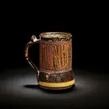 Ladi Kwali, Tankard, Glazed stoneware, tenmoku glaze with streaked iron decoration, the curved handle with a thumbpiece