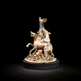 Michele Coxon, 'Dogs of War', sculpture, 2022, Partially glazed earthenware, modelled as three hounds around a Ukrainian flag surmounted by a bird, on a circular wooden base