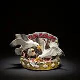Michele Coxon, 'Fish and Chips' sculpture, 2024, Glazed earthenware, modelled as three seagulls with fish and chips in a seaside scene