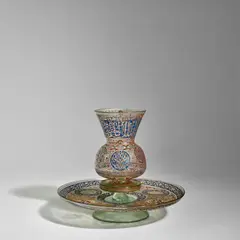 Joseph Brocard, Rare Mamluk-Style Mosque Lamp and Tray, blown glass, hand-decorated in gilt and enamel, tray marked in enamel '1874', 'I
