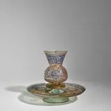 Joseph Brocard, Rare Mamluk-Style Mosque Lamp and Tray, blown glass, hand-decorated in gilt and enamel, tray marked in enamel '1874', 'I
