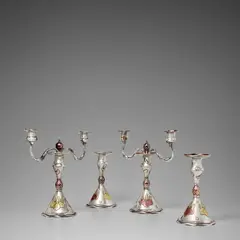 Tiffany & Co., Important Suite of Two Twin-Branched Candelabra and Two Candlesticks, Commissioned by Mary Jane Morgan, silver and mixed metals, in the Japanesque taste, decorated with paulownia crests, stamped 'TIFFANY & CO