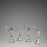 Tiffany & Co., Important Suite of Two Twin-Branched Candelabra and Two Candlesticks, Commissioned by Mary Jane Morgan, silver and mixed metals, in the Japanesque taste, decorated with paulownia crests, stamped 'TIFFANY & CO