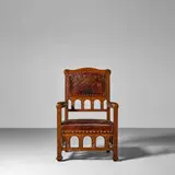 Georg Hulbe, Armchair, possibly for Louis Comfort Tiffany, Associated Artists, carved oak, close nail upholstered and embossed leather