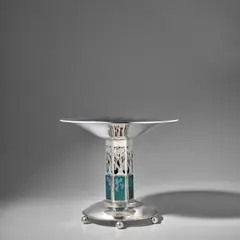 Charles Robert Ashbee, Important Fruit Stand, for The Guild of Handicraft, silver and enamel, six enamel plaques each depicting stylized flowers
