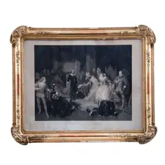 Pierre Cottin, Grabado, Shakespeare en la Corte de la Reina Isabel, Grabado, 58x76 cm Enmarcado. Multiples faltantes en el marco. Detalles de conservación