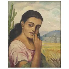 Luis Solleiro, RETRATO DE MUJER EN EL CAMPO, Óleo sobre tela