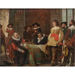 Luigi Vesco, CABALLEROS DELIBERANDO SOBRE UNA MESA, Óleo sobre madera