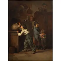 Théophile Emmanuel Duverger, NIÑOS BEBIENDO AGUA DE UN GARRAFÓN, Óleo sobre tabla