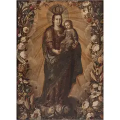 Virgen del Rosario, MÉXICO, SIGLO XVII, Óleo sobre tela
