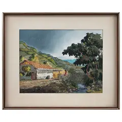 Hugo Sánchez, Niña, cabaña y puente, Acuarela y tinta sobre papel
