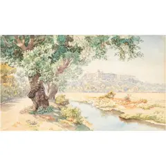 Paul Fischer, VISTA DEL CASTILLO DE CHAPULTEPEC, Acuarela y grafito sobre papel