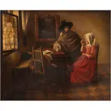 DAMA BEBIENDO CON UN CABALLERO by A la Manera de Johannes Vermeer, Óleo sobre tela, sold Feb 2026