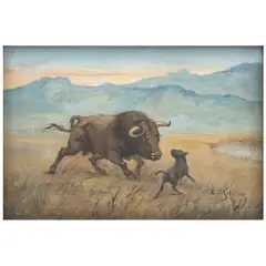 TORO EMBISTIENDO A UN PERRO by Luis Solleiro, Óleo sobre tela, offered Feb 2026