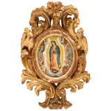 Virgen de Guadalupe, MÉXICO, SIGLO XX, Óleo sobre lámina de hueso montado en madera