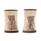 Salero y Pimientero, SIGLO XX, Madera y hueso; decoración esgrafiada, tinta sepia, figura de elefante