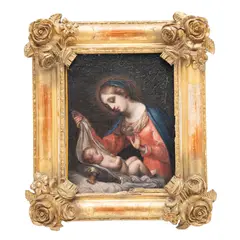 la Virgen y El Niño, MÉXICO, SIGLO XIX, Óleo sobre tela, adherido a tablero