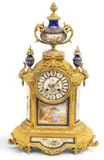 Sèvres, and Bronze Mantle Clock, R & C Paris & London 1870, Depth 6", 1870, Having two rounded side inset porcelain panels