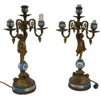 Bronze Mounted Urns Together With A Pair by Sèvres, The urns blue with gilt bronze mounts and the lamps with bronze Cherubs, sold Jan 2025