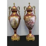 Sèvres, Pair of Bronze Mounted and Hand Painted, Red Porcelain Urns