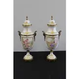 Sèvres, Pair of White Bronze Mounted Hand Painted, Porcelain Urns
