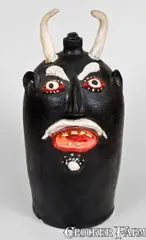 Brown Pottery, Monumental BROWN POTTERY / ARDEN, NC Stoneware Painted Devil Face Jug, 1895-1967, Stoneware