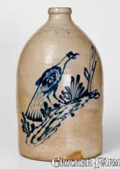 James Otto Lewis, Very Rare W-A-LEWIS / GALESVILLE-N-Y Stoneware Jug w/ Game Bird and Stump Motif, circa 1858, Stoneware
