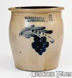 COWDEN & WILCOX / HARRISBURG, PA Stoneware Grapes Jar by Cowden & Wilcox, circa 1865, Stoneware, sold Mar 2018
