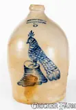 Very Fine COWDEN & WILCOX / HARRISBURG, PA Stoneware Peahen Jug by Cowden & Wilcox, circa 1865, Stoneware, sold Mar 2018